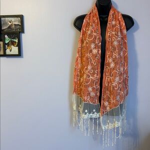 Tickled Pink Orange cream Mesh Crochet Embroidered Floral Scarf Fringe Cotton
